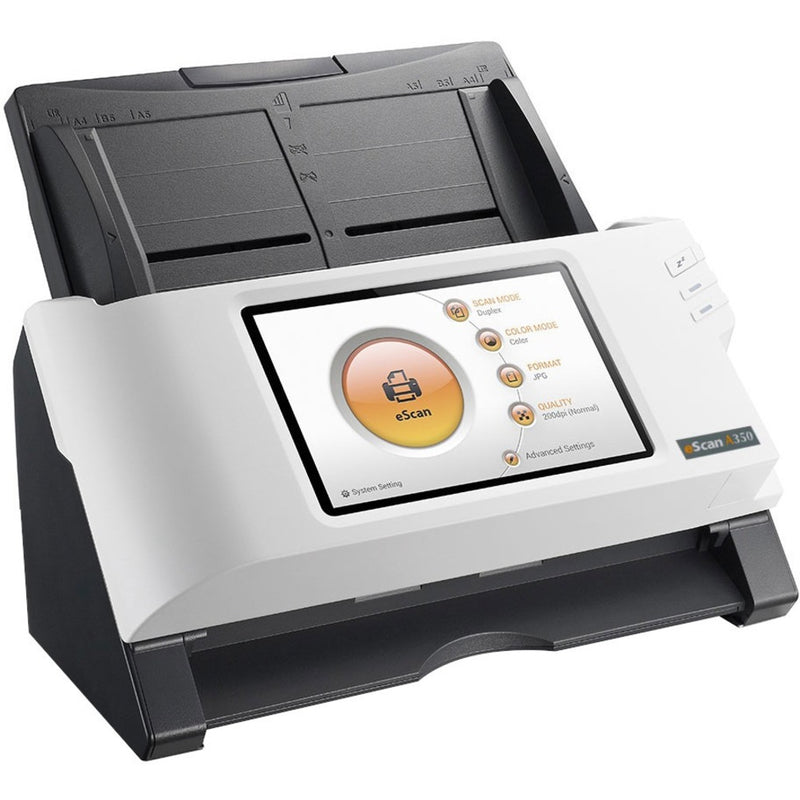 Plustek eScan A350 scanner showing touchscreen interface with scanning options and controls