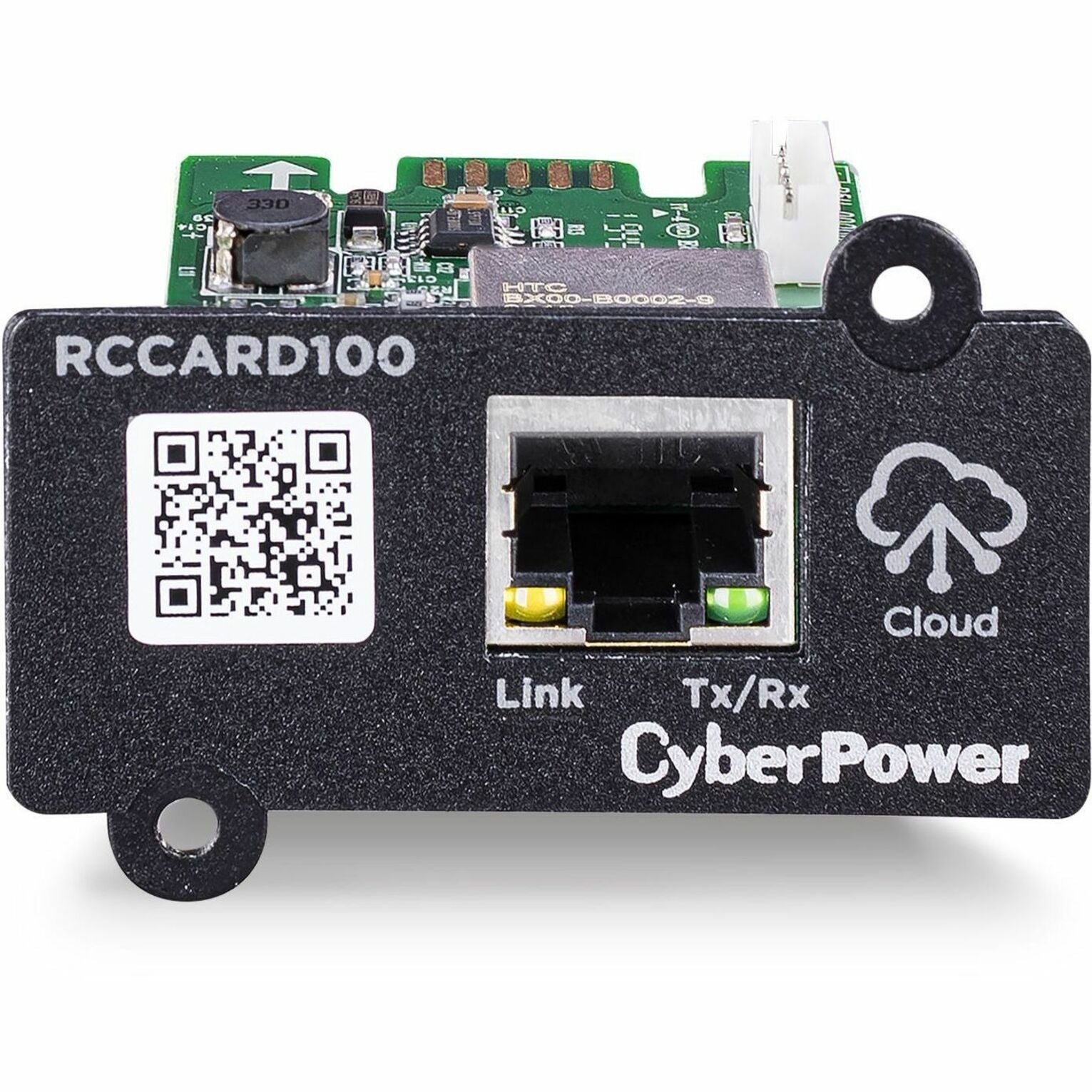 Front view of CyberPower RCCARD100 cloud monitoring card showing RJ45 port, status LEDs, and QR code-alternate-image1