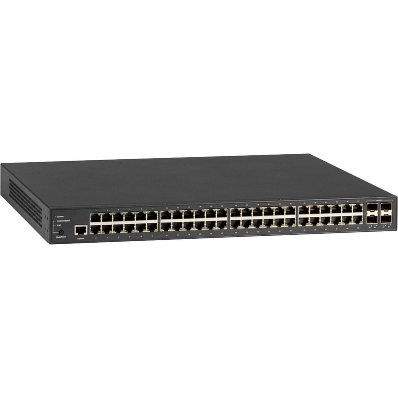 Front angled view of Black Box LPB3052A network switch showing 48 Gigabit ports and 4 SFP+ ports