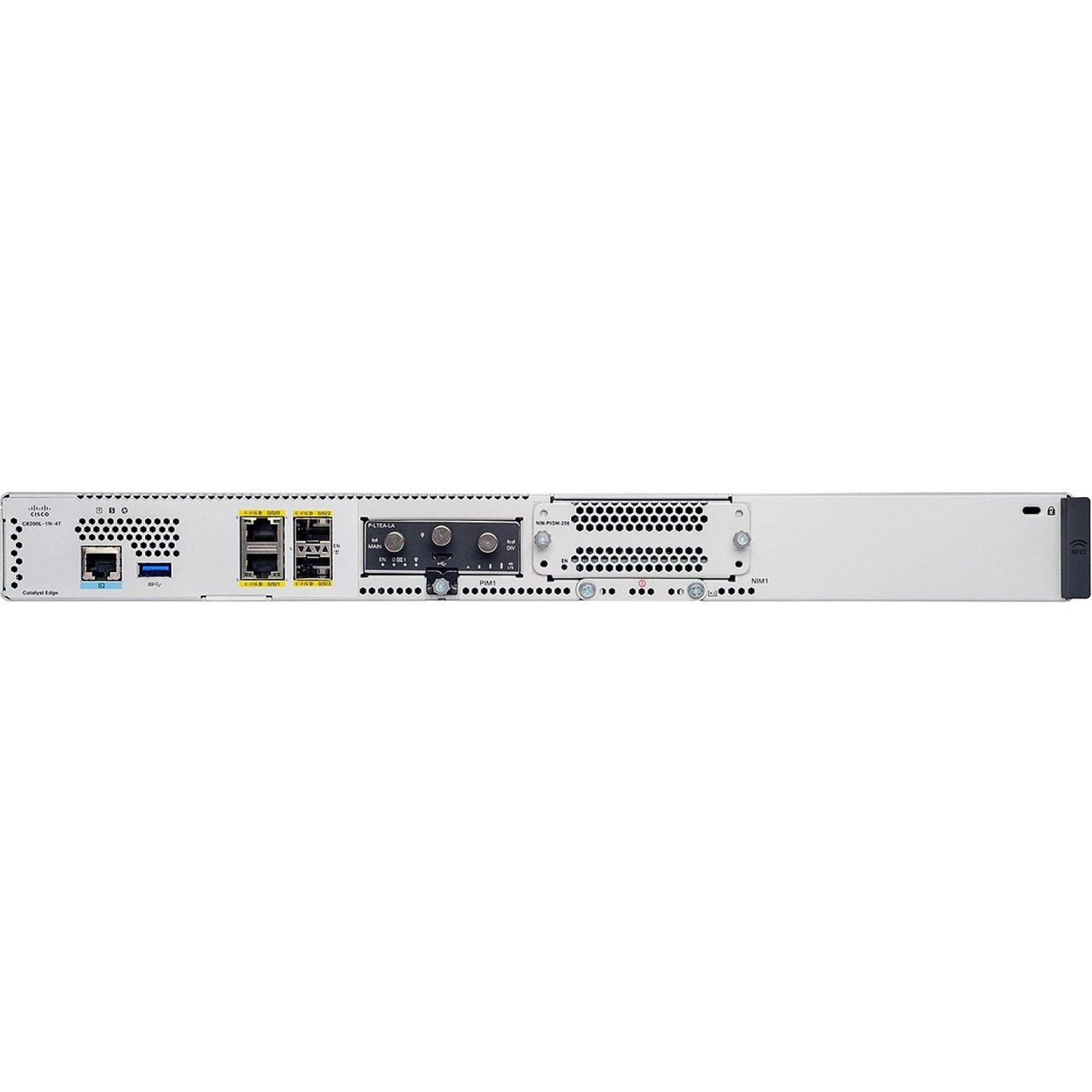 Front view of Cisco C8200L-1N-4T Catalyst Router showing multiple network ports, management interfaces, and ventilation system in a 1U rack-mount form factor-alternate-image1