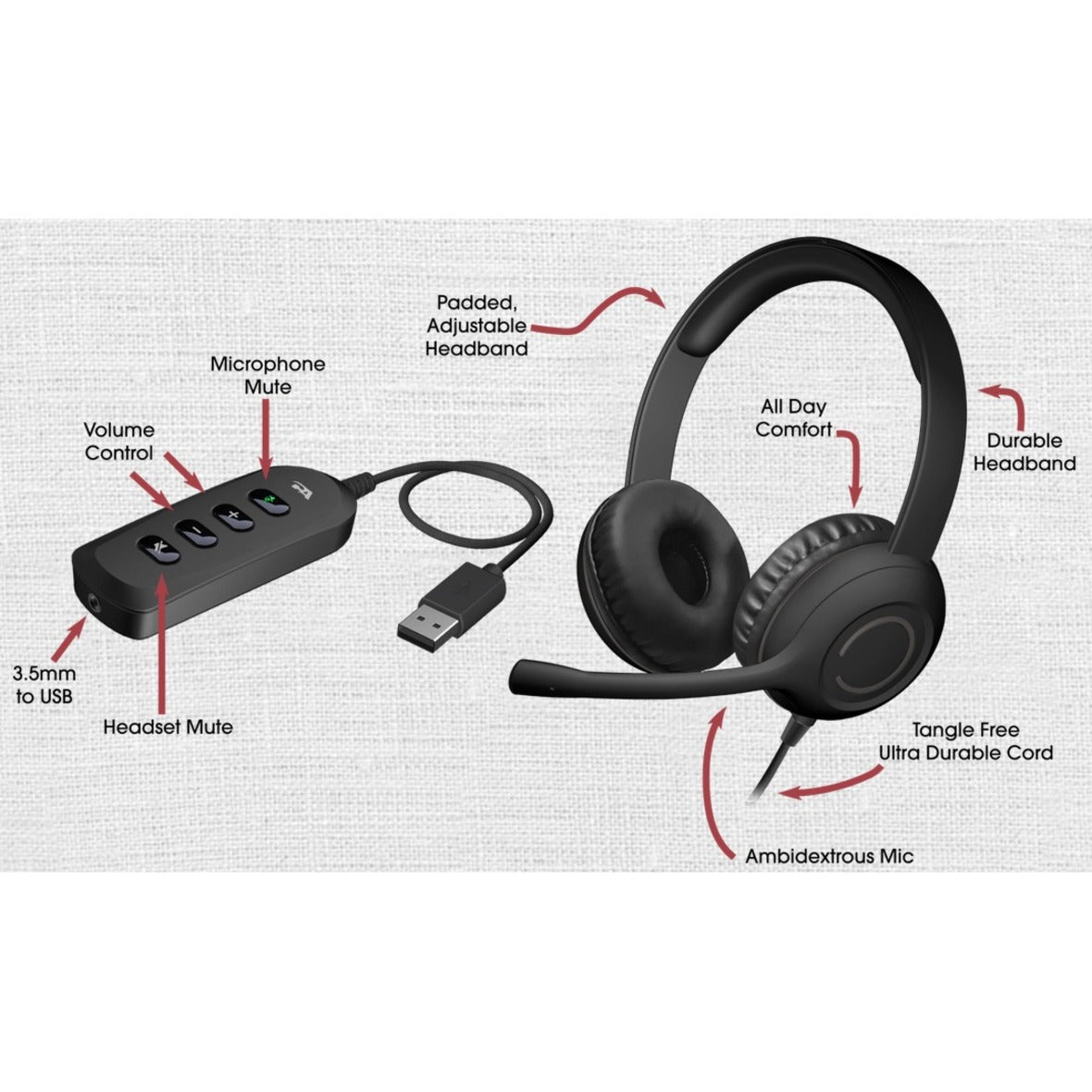 Cyber Acoustics AC-5812 Stereo Headset with USB & 3.5mm, Tangle-free Cable, LED Indicator, Mute Button, Adjustable Headband
