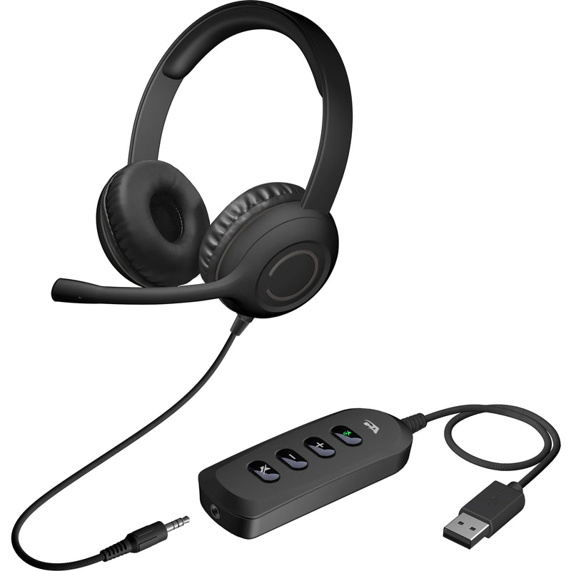 Cyber Acoustics AC-5812 headset with inline USB control module showing volume, mute controls and dual connectivity options