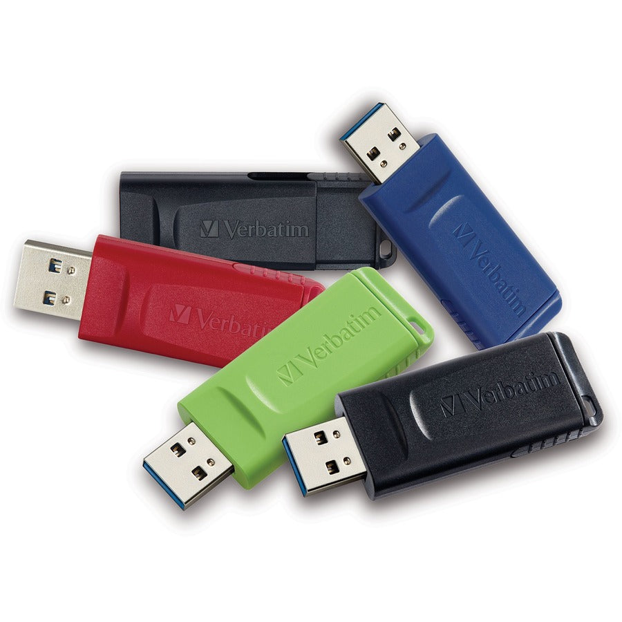 Collection of Verbatim Store 'n' Go USB flash drives in black, blue, red, and green arranged in a fan pattern-alternate-image1