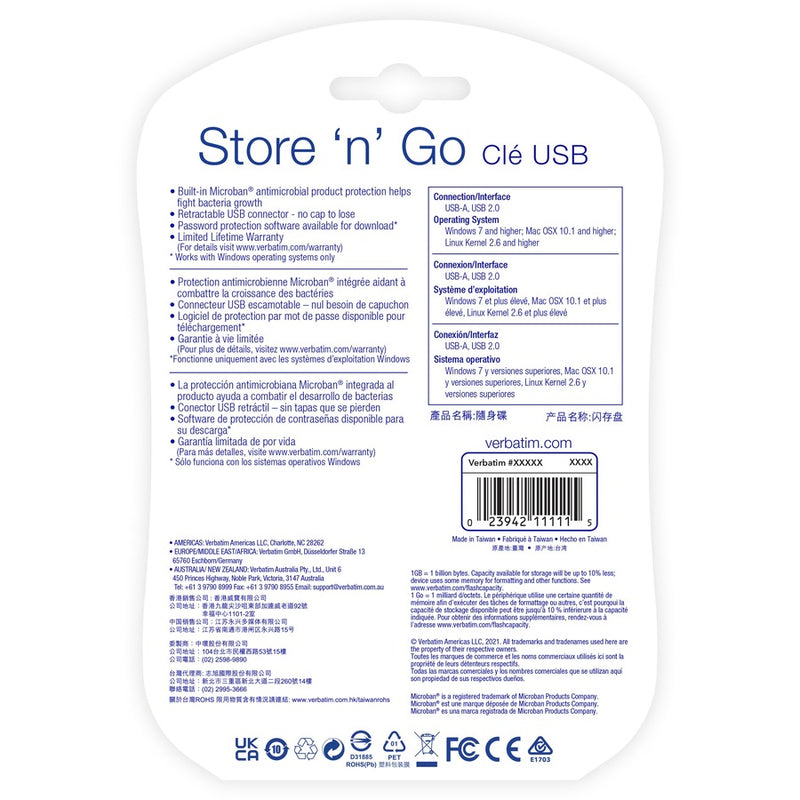 Back of Verbatim USB drive packaging showing compatibility information and features in multiple languages