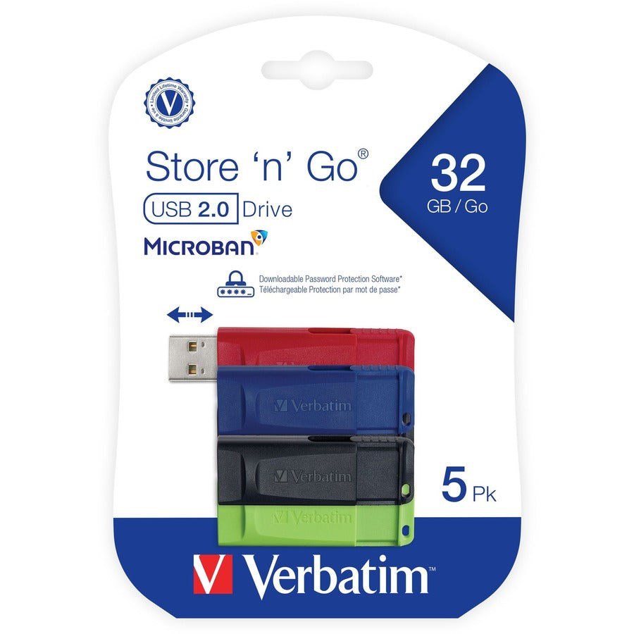 Verbatim 70897 Store 'n' Go USB Flash Drive 32GB 5pk, Assorted Colors