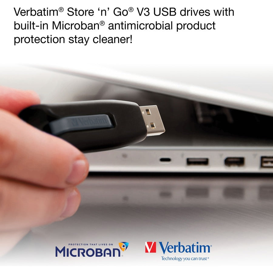 เวอร์บิทัม 70898 สโตร์ 'น' โก V3 ไดรฟ์ USB 128GB เลื่อน หดได้ ป้องกันรหัสผ่าน ไม่มีฝา