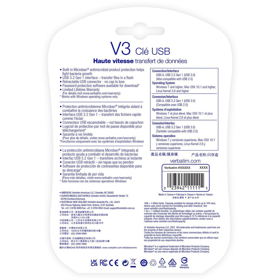 Verbatim 70898 Stockez 'n' Allez V3 Clé USB 128 Go Glissement Rétractable Protection par Mot de Passe Sans Capuchon