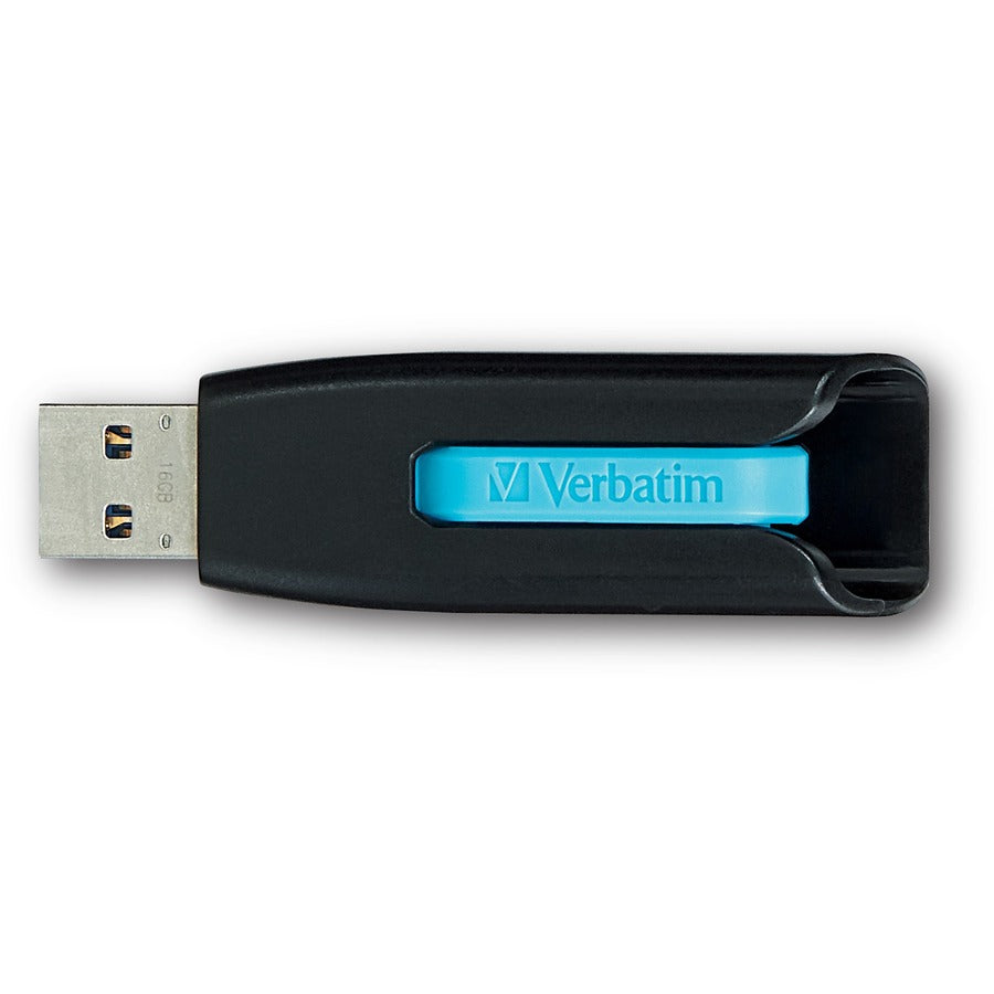 Top view of Verbatim USB drive showing blue slider mechanism and black housing-alternate-image3