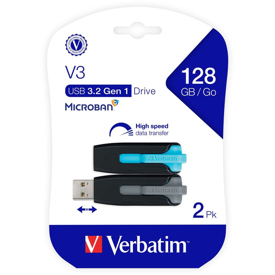 Verbatim Store 'n' Go V3 128GB Flash Drive, USB 3.2 Gen 1, Retractable Slide Design, Password Protection, Capless, Blue/Gray, 2 Pack - 70898 (Lifetime Warranty)