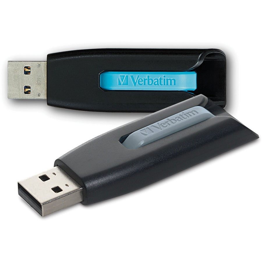 Verbatim Store 'n' Go V3 USB drive in black with blue slider, shown with extended USB connector-alternate-image1