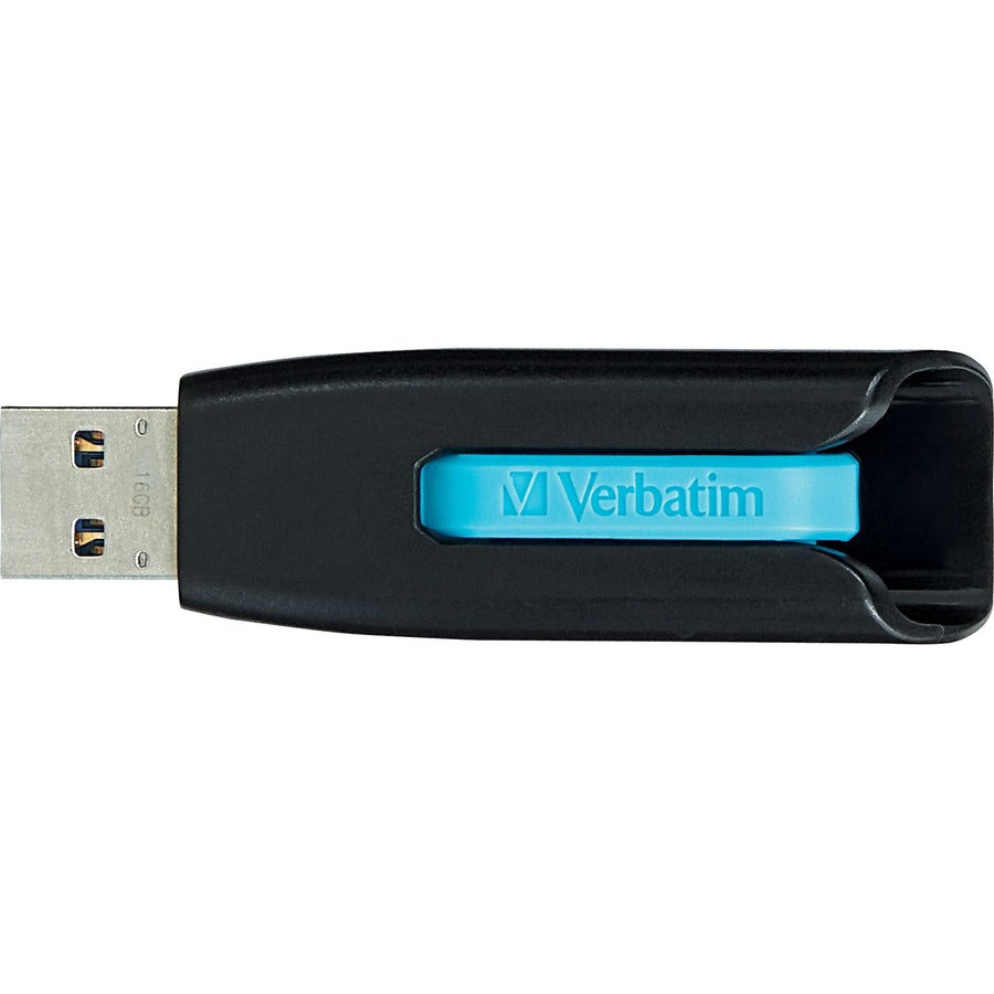 Close-up of Verbatim USB drive's blue slider mechanism and branding-alternate-image8