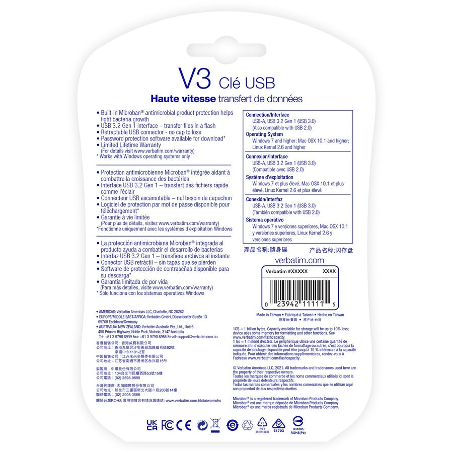 Back of Verbatim USB drive packaging showing specifications and compatibility information in multiple languages-alternate-image2