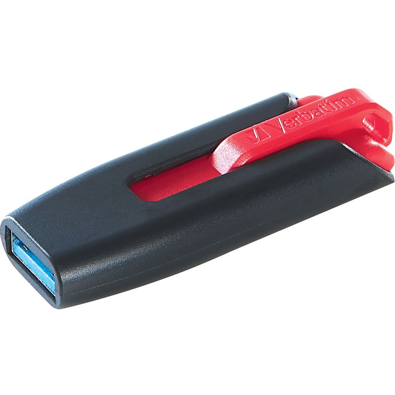 Close-up view of Verbatim V3 USB drive port end with red slider