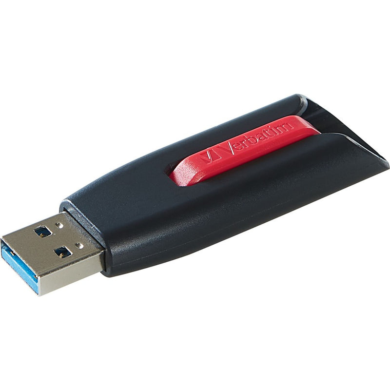 Close-up of Verbatim V3 USB drive with red slider showing USB connector