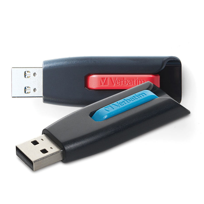 Angled view of two Verbatim V3 USB drives showing retractable design in red and blue