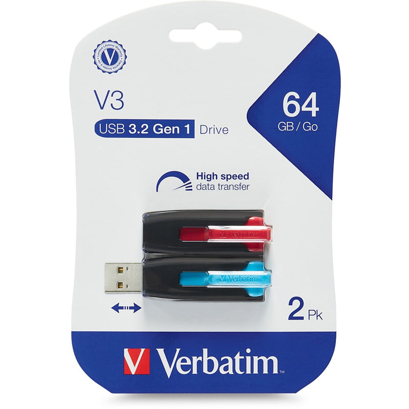 Verbatim Store 'n' Go V3 64GB USB flash drives 2-pack in retail packaging showing red and blue drives with retractable design