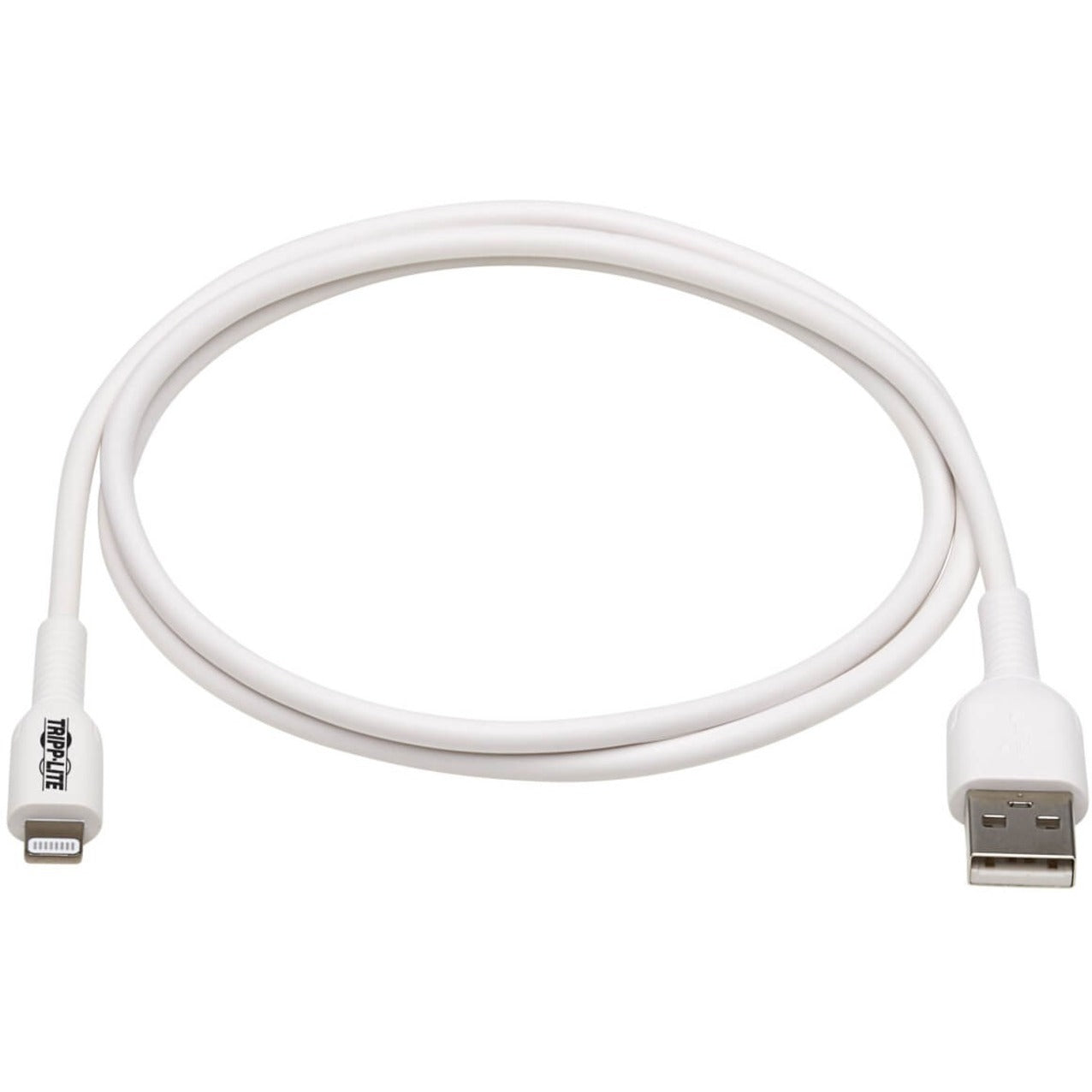 Full-length view of white Tripp Lite Lightning cable showing flexible design and both connectors-alternate-image2