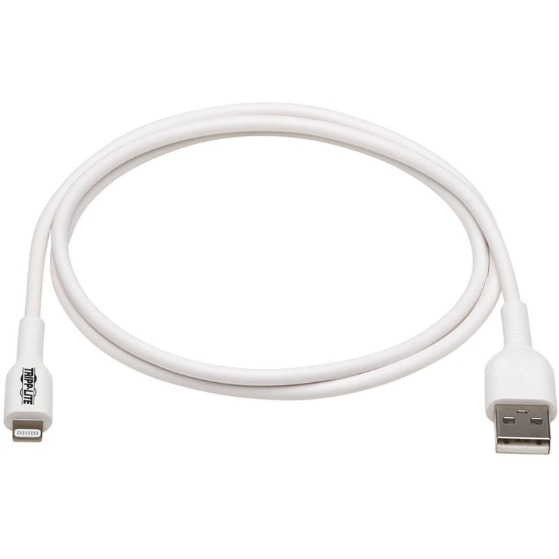 Full-length view of white Tripp Lite Lightning cable showing flexible design and both connectors