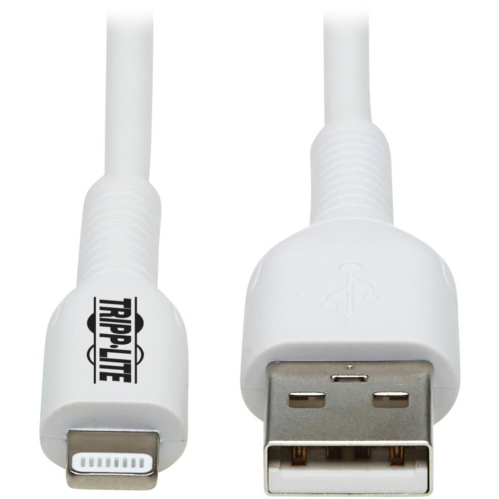 تريpp لايت M100AB-02M-WH كابل نقل بيانات Lightning/USB Safe-IT، 6.56 قدم، أبيض، معتمد من MFI، مادة مضادة للبكتيريا، قابل للعكس، موصلات مغلفة بالذهب