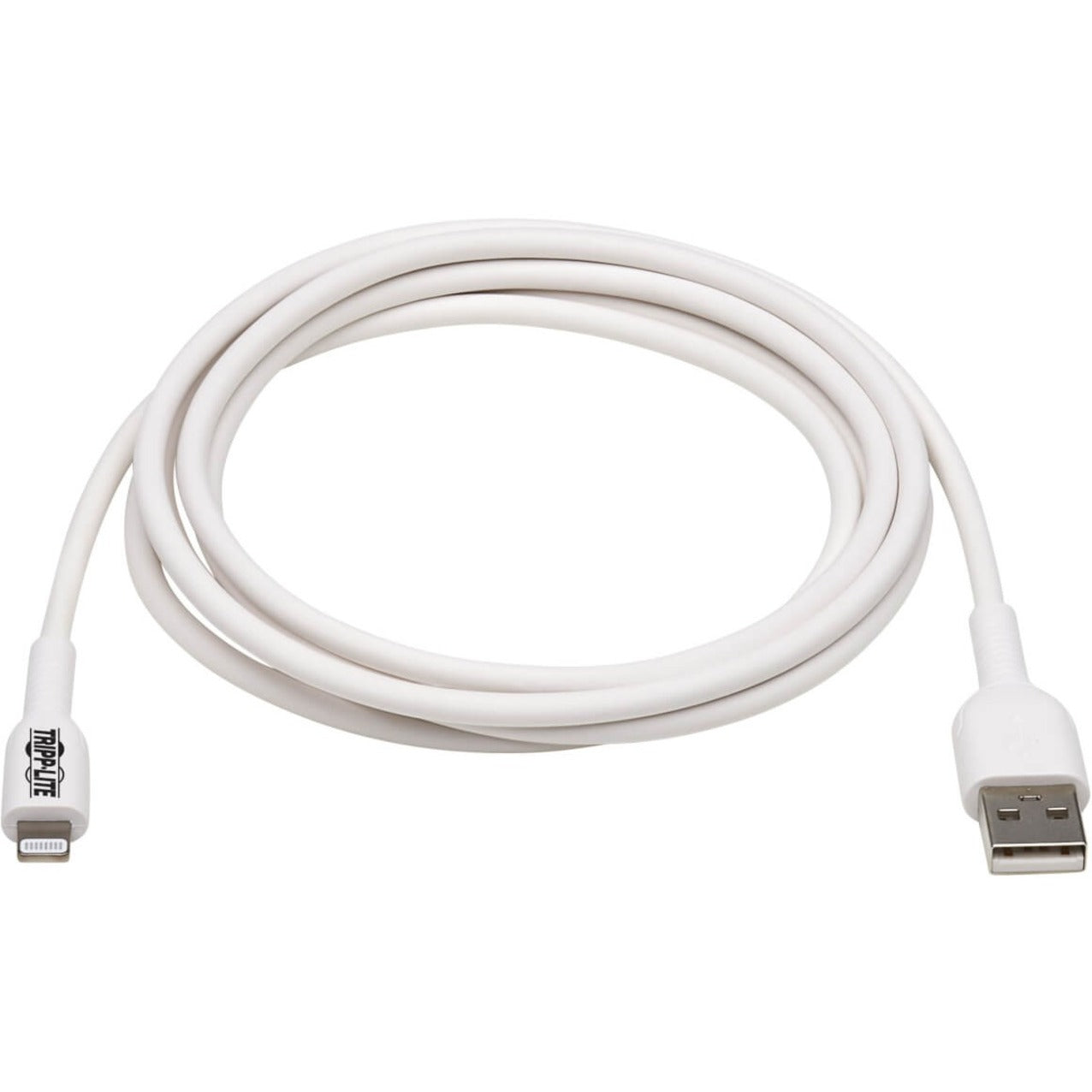 Full-length view of white Tripp Lite Lightning to USB cable showing flexible design-alternate-image2