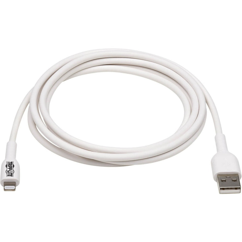 Full-length view of white Tripp Lite Lightning to USB cable showing flexible design