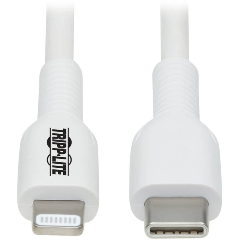 Close-up view of USB-C and Lightning connectors on white Tripp Lite cable showing gold-plated contacts