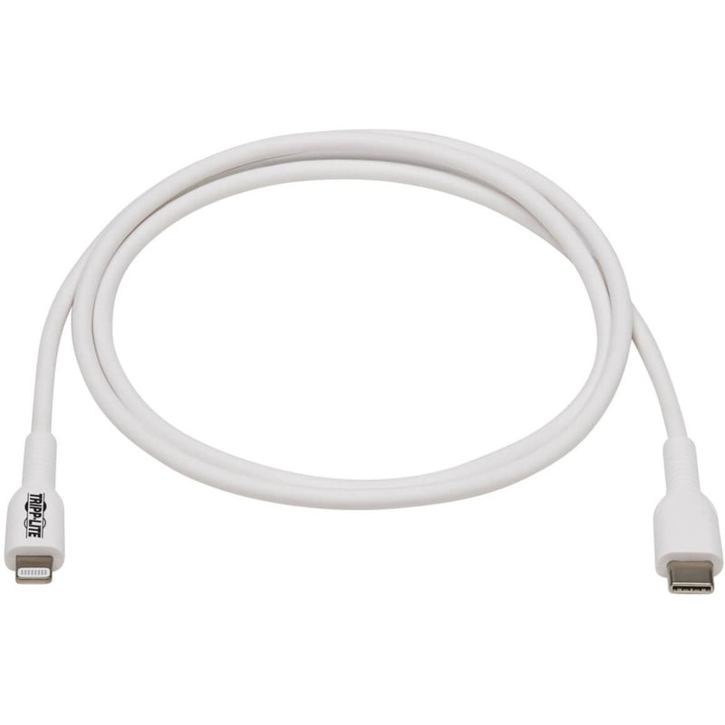 Full length view of white Tripp Lite USB-C to Lightning cable showing flexible cable design