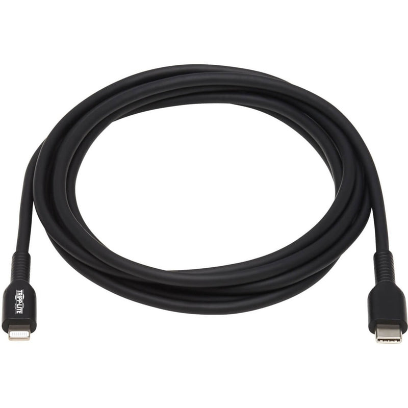 Full-length view of 6.6ft black Tripp Lite USB-C to Lightning cable showing flexible design