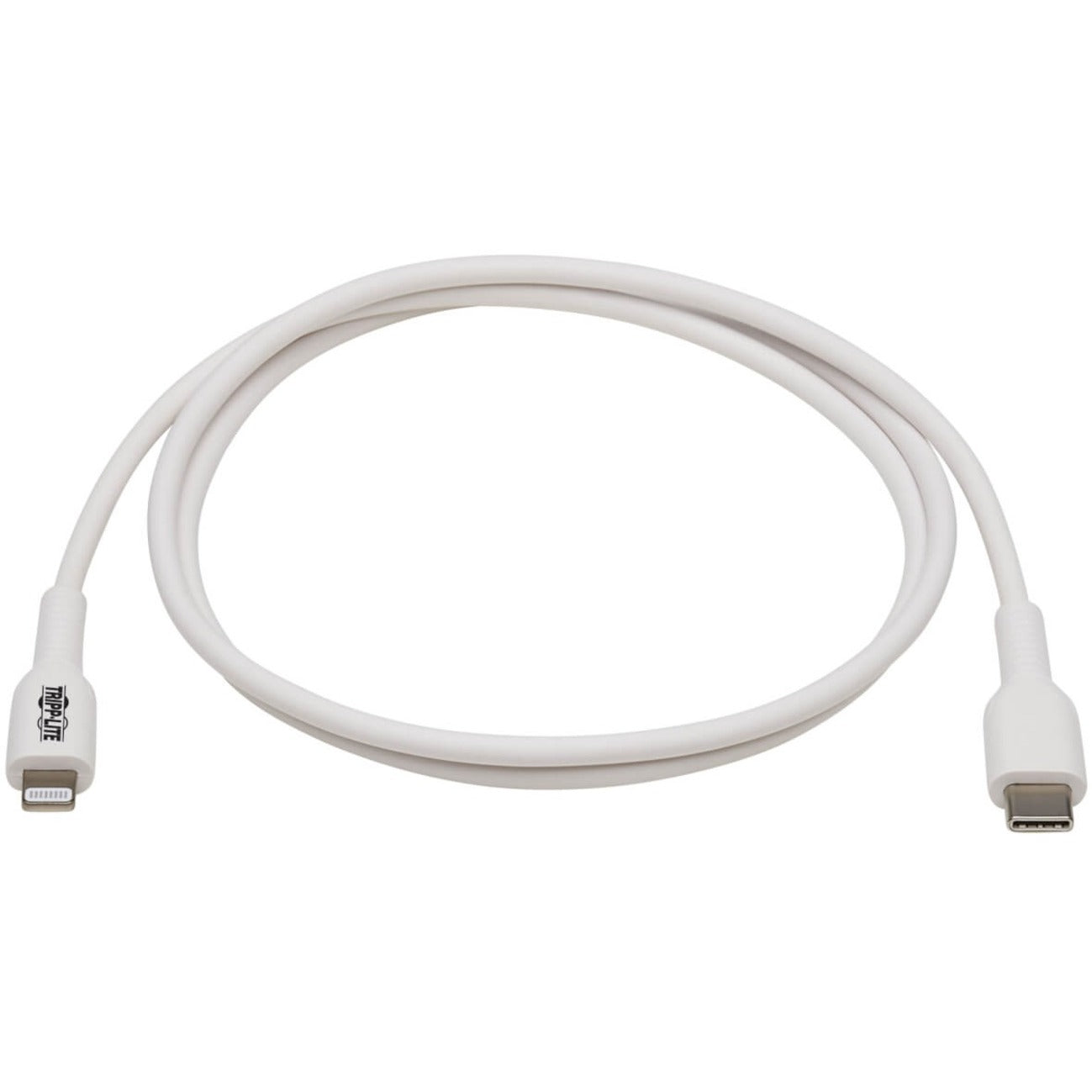 Full length view of white Tripp Lite Safe-IT Lightning to USB-C cable showing flexible design-alternate-image2