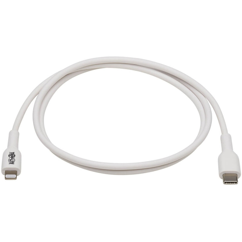 Full length view of white Tripp Lite Safe-IT Lightning to USB-C cable showing flexible design