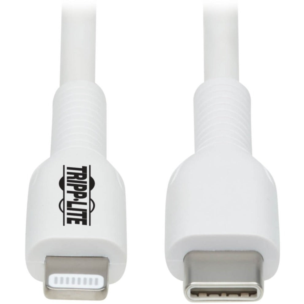 Close-up view of white Lightning and USB-C connectors with gold-plated contacts on Tripp Lite Safe-IT cable-alternate-image1