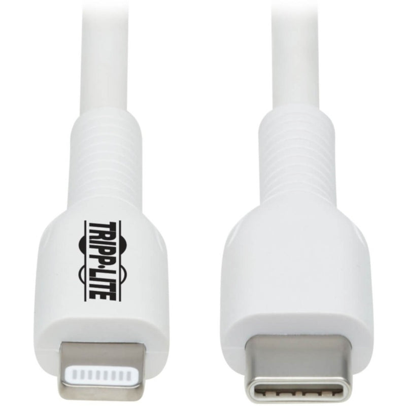 Close-up view of white Lightning and USB-C connectors with gold-plated contacts on Tripp Lite Safe-IT cable