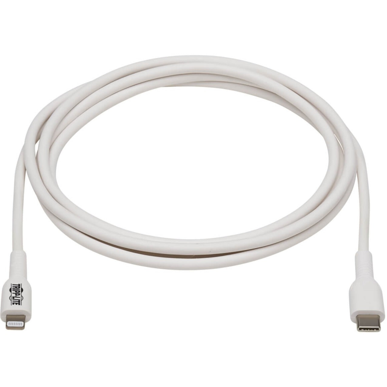 Full-length view of white Tripp Lite Safe-IT Lightning to USB-C cable showing flexible design-alternate-image2