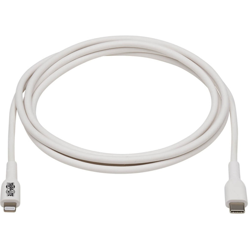 Full-length view of white Tripp Lite Safe-IT Lightning to USB-C cable showing flexible design