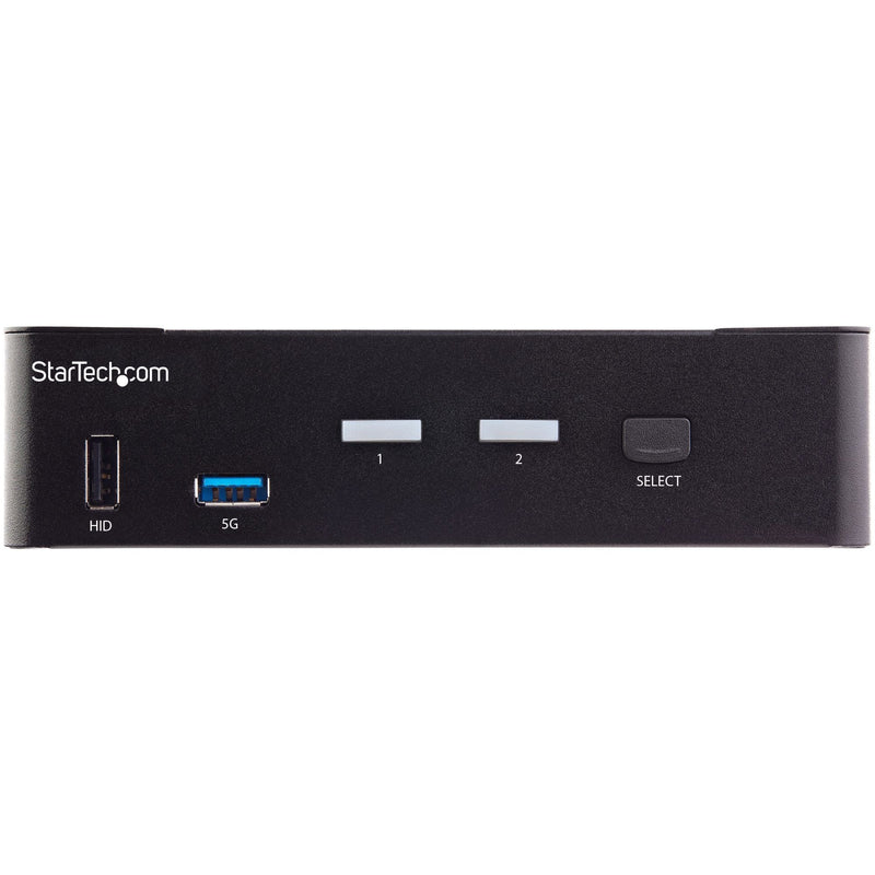 Close-up front view of KVM switch control interface with labeled ports and selection button