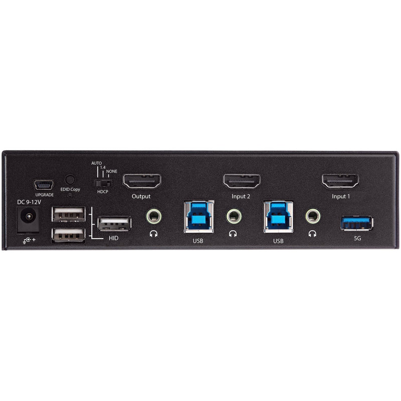 Detailed view of KVM switch rear ports including HDMI, USB, and audio connections