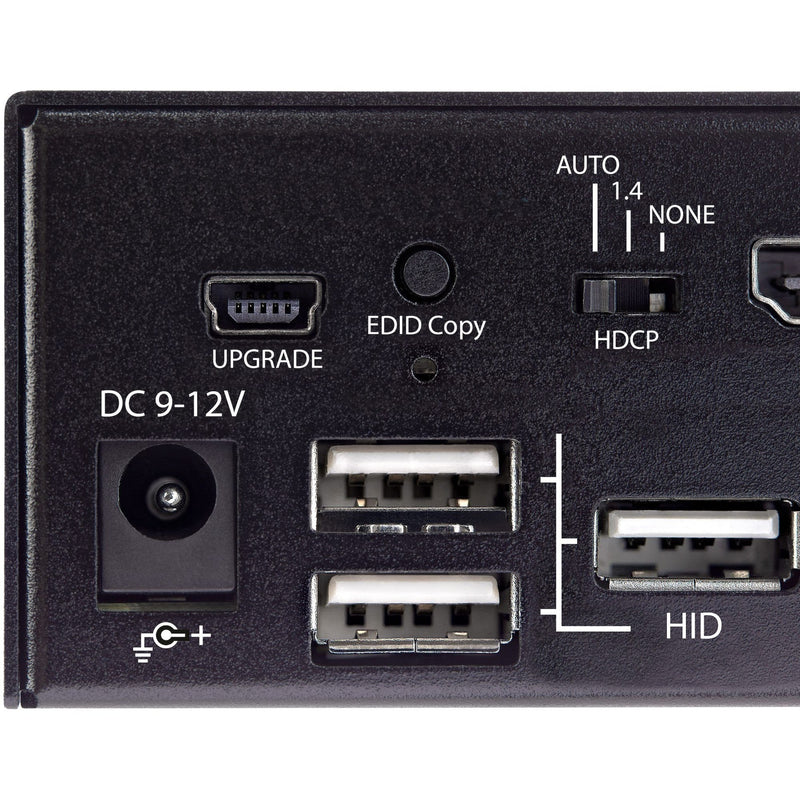 Close-up of KVM switch power and EDID configuration options