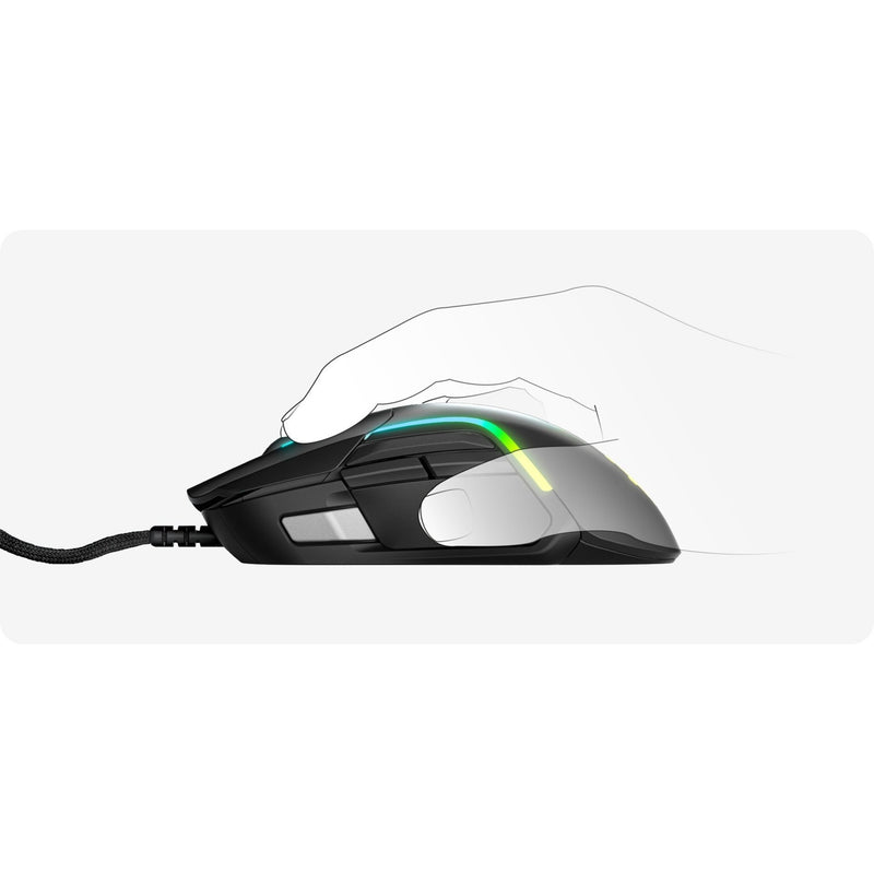 Side view of Rival 5 with hand grip outline illustration