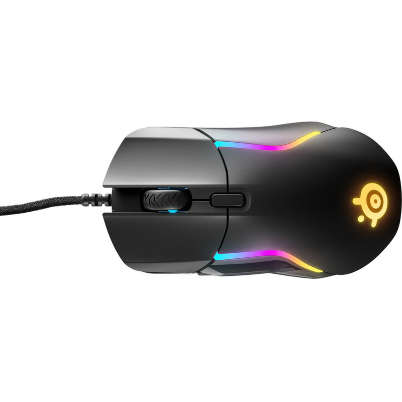 Top view of SteelSeries Rival 5 gaming mouse showing RGB lighting strips and ergonomic button layout