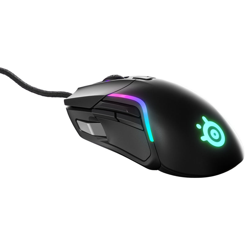 Side view of Rival 5 gaming mouse highlighting the programmable button layout and RGB lighting