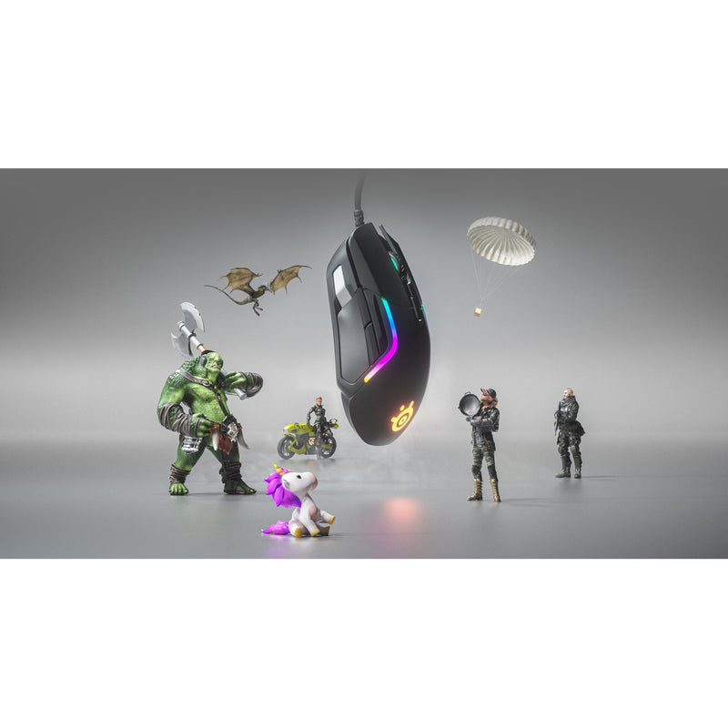 Creative illustration showing Rival 5 mouse with gaming characters and scenarios