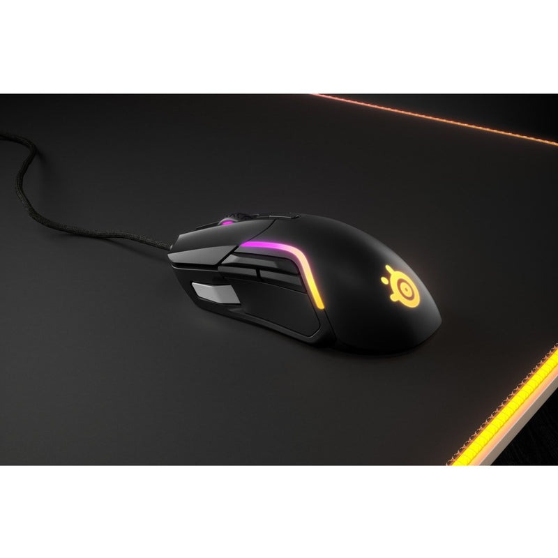 Close-up of Rival 5 showing RGB lighting effects on gaming surface