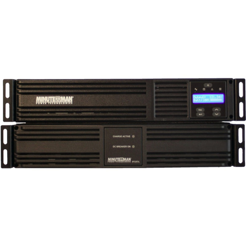 Complete system view of Minuteman EXR2000RT2U UPS with status indicators and monitoring display