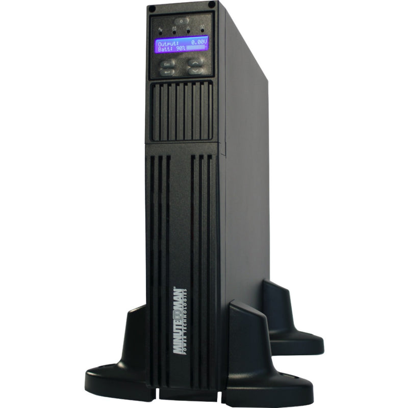 Minuteman EXR2000RT2U UPS in tower orientation with LCD display and stabilizing base