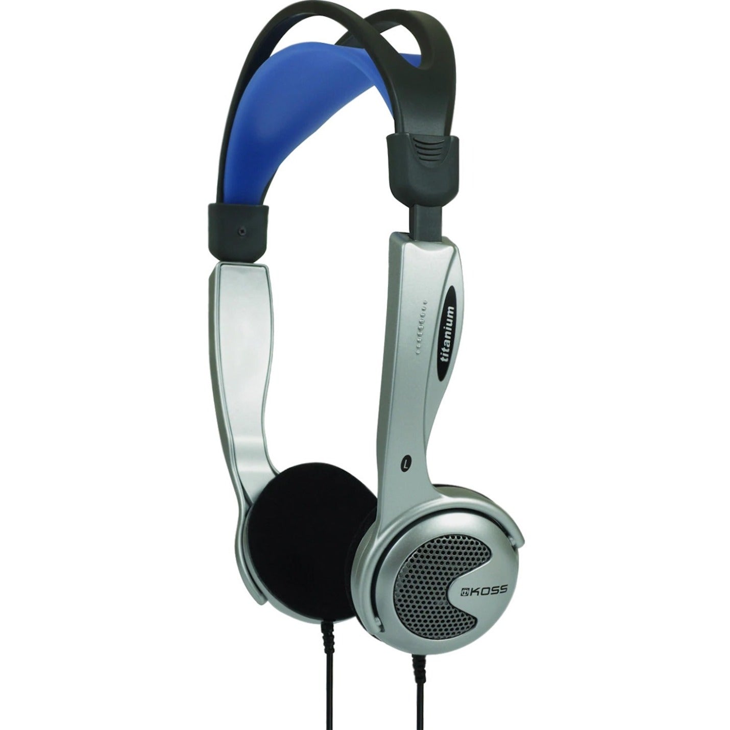 Koss KTXPRO1 on-ear headphones featuring silver ear cups, black foam cushions, and blue-accented adjustable headband-alternate-image1