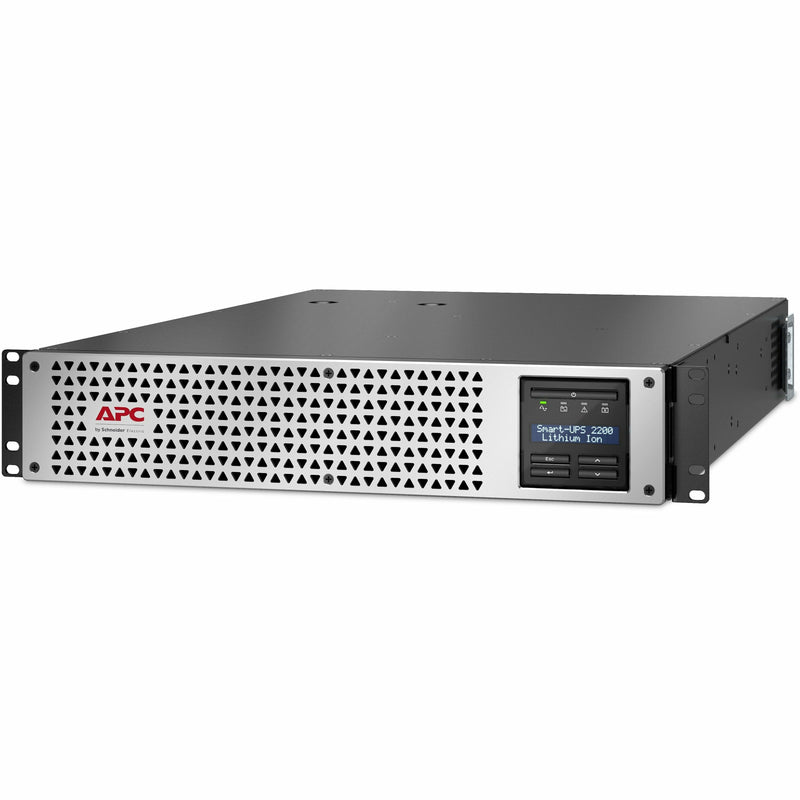 Front view of APC Smart-UPS 2200VA rack-mount UPS showing triangular ventilation pattern and LCD display screen