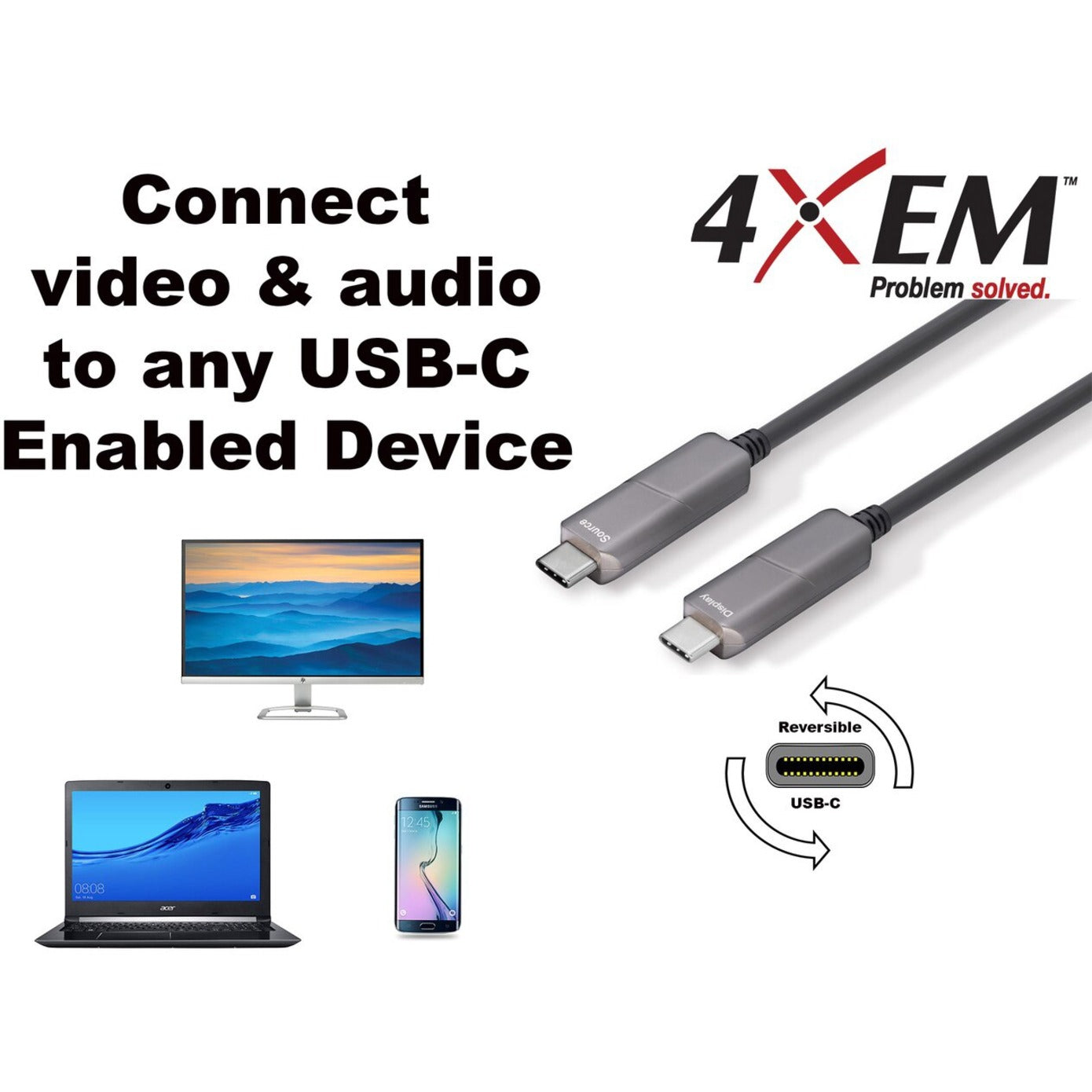 4XEM 4XUSBCFIBER45M 45M Fiber USB Type-C Cable, 4K@60HZ 21.6 Gbps, Plug & Play