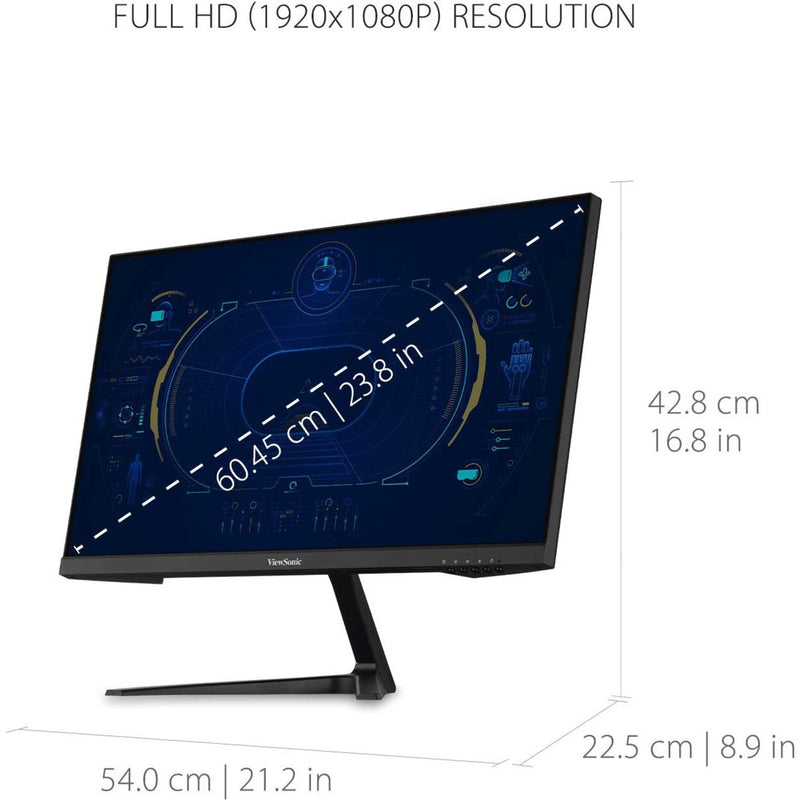 Diagram showing ViewSonic monitor dimensions and Full HD resolution