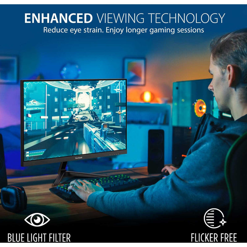 Gaming setup showing eye care features with blue light filter and flicker-free technology