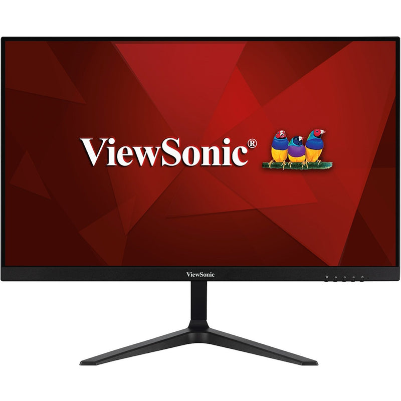 ViewSonic gaming monitor displaying brand logo on red background with minimalist stand design